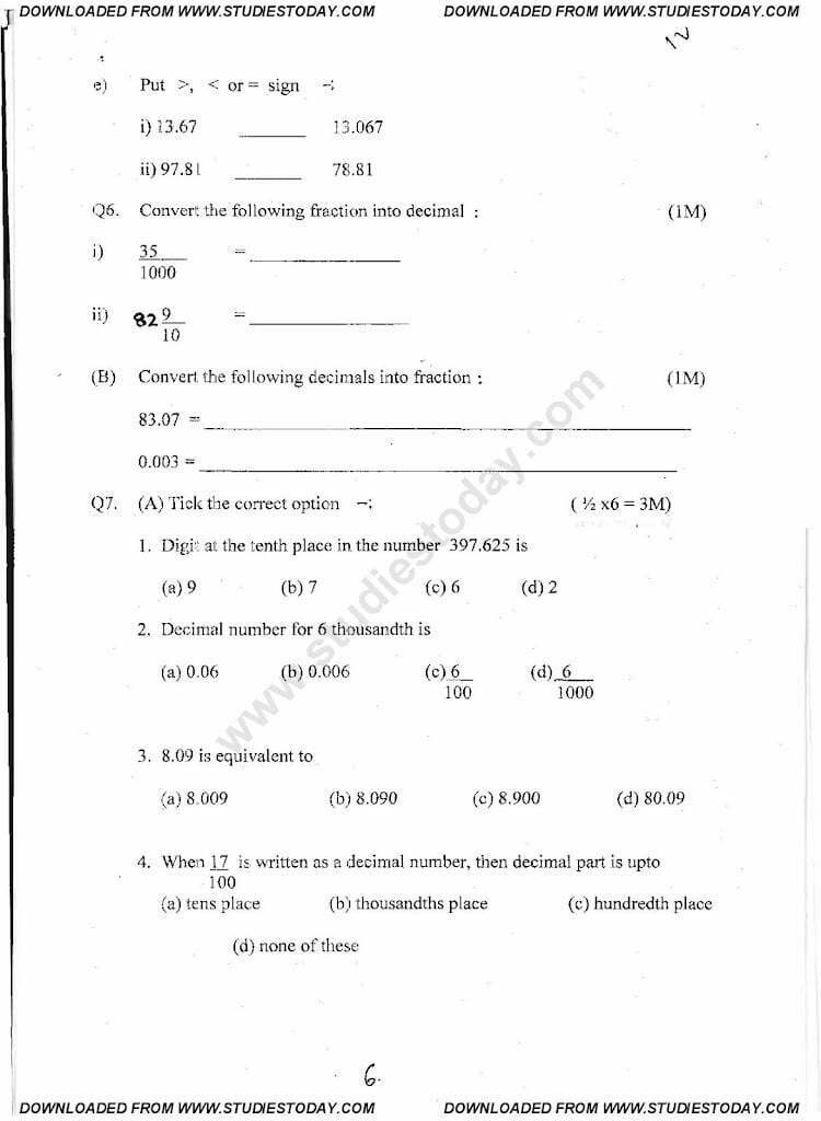 CBSE Sample Questions Paper 2020 4th Class, CBSE IV Previous Questions Paper 2020